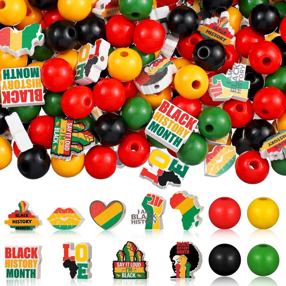 5487 200 Pcs Juneteenth Wooden Beads Black Red Green Yellow Wood Beads